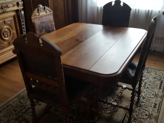Image 1 of French Renaissance Revival / Henri II Style Dining Room Set – Late 19th Century – Buffet, Side Cabinet, Table and 6 Chairs