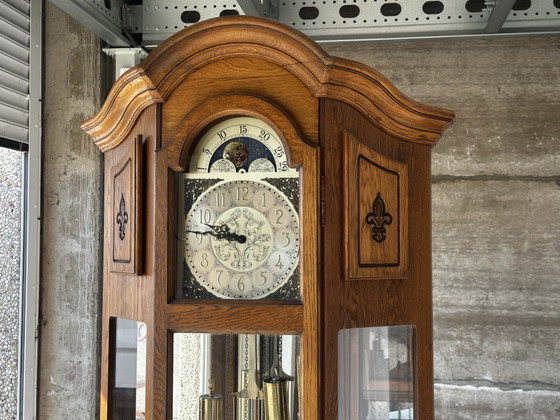 Grote eikenhouten staande klok met slagwerk en maanfase-indicator – Klokken, Wood, Brass (photo 8 of 15)
