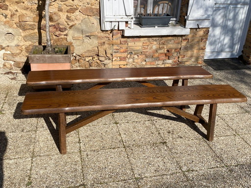 Pair of elm benches for a rustic brutalist farmhouse table, 1950s