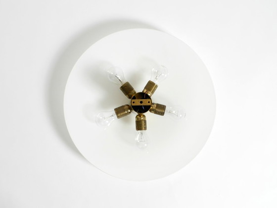 Image 1 of Große Florian Schulz Gela 55 Deckenleuchte aus den 80er Jahren, Messing, Opalglas, rund, mit fünf E27-Fassungen