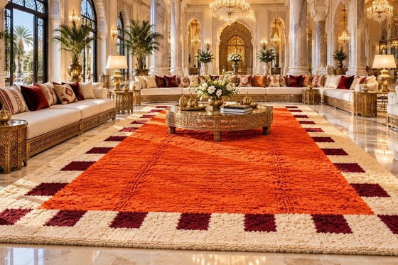 Tapis orange artisanal 200/280cm, Laine, Crème (photo 2 sur 5)