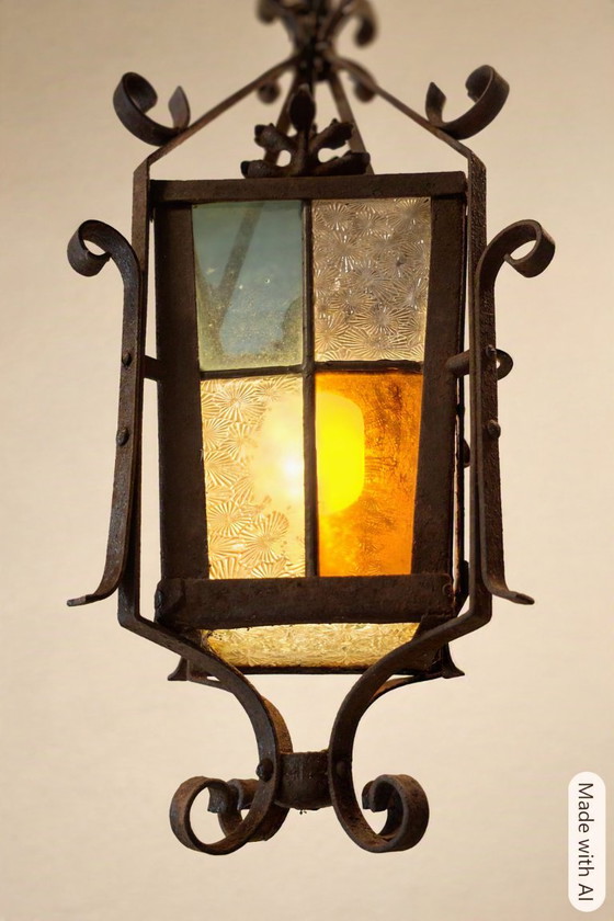 Lanterne/Suspension Art Déco française antique, vitrail. – Art Deco, Metal (photo 2 of 14)