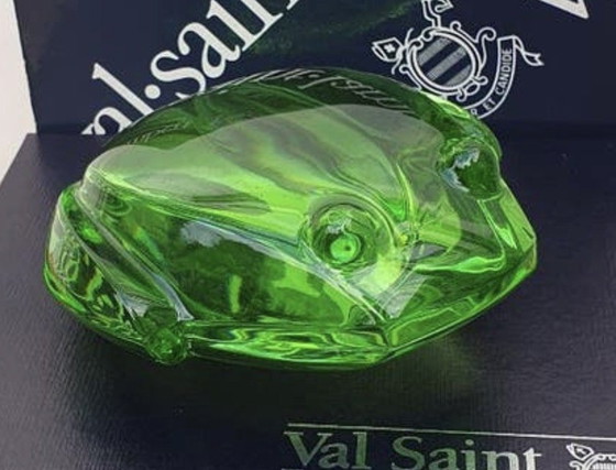 Image 1 of crystal green frog paperweight / Val Saint Lambert, designed by Katherine de Sousa.