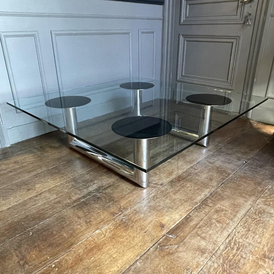 Grande table basse/de salon carrée italienne en acier tubulaire chromé, années 1970 – Livres d'art, Glass (photo 7 of 18)