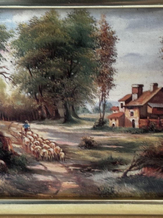 Enamel on Metal Signed ESTHER – Pastoral Landscape – Vintage Framed – Paintings & Drawings, Wood (photo 5 of 13)