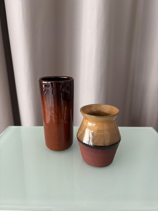 Two ceramic vases, brown and gold