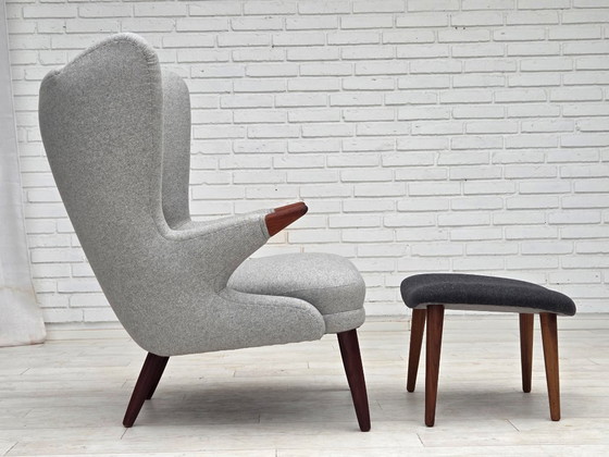 Image 1 of 1960er Jahre, dänischer „Teddy-Stuhl“ mit Hocker, neu gepolstert, Wolle, Teakholz.