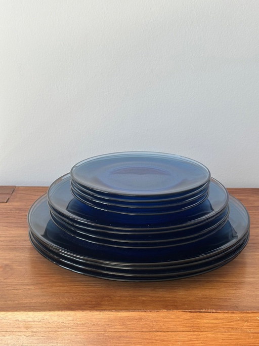 Vintage Blauwe Glazen Bordenset (12-Delig) – Mid Century / Retro