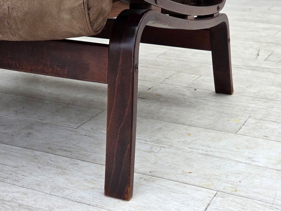 Image 1 of 1970s, Scandinavian lounge chair, nubuck leather, canvas, beech wood.