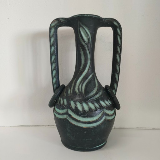 Grün-schwarzer spanischer Krug von Ceramicas Arbusias Spain mit Ringen