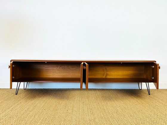 Image 1 of Low Scandinavian teak sideboard with 4 doors and hairpin metal legs, 1960