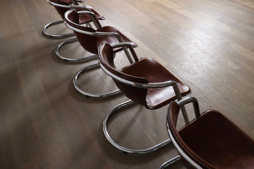 Set van 6 buisvormige chromen en zadelleer eetkamerstoelen voor Metaform, jaren 1970