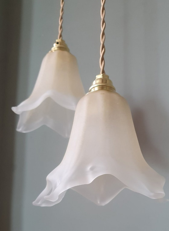 Image 1 of Set di 2 lampade a sospensione vintage in vetro di Murano a forma di calice