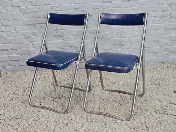Mid-Century Design First Edition Patented Deep Blue Dico Folding Chairs, Set of 2, Netherlands, 1940s – Chrome (photo 2 of 9)