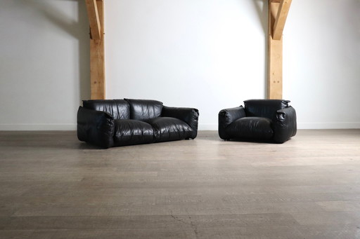 First Edition Mario Marenco Sofa and Lounge Chair in Black Leather for Arflex 1970s