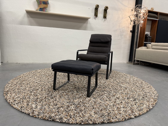 Image 1 of Leolux Indra Sessel mit Fußhocker Blauer Lederstoff