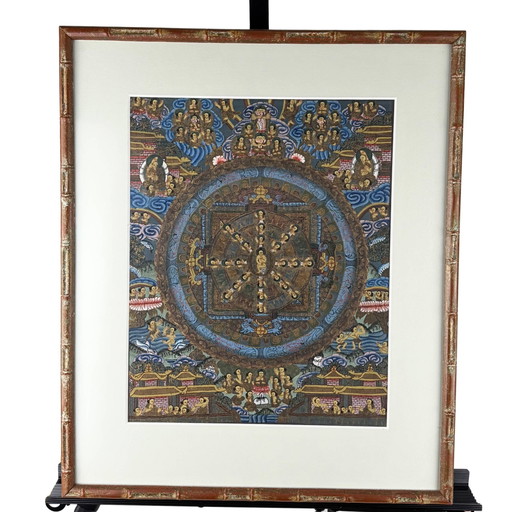 Dipinto Thangka Mandala Tibetano Incorniciato – Arte Murale Sacra Buddista H 48.5 x L 41 cm