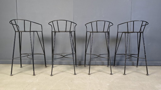 Tabourets de bar vintage en fer forgé et rotin, lot de 4 - années 1970