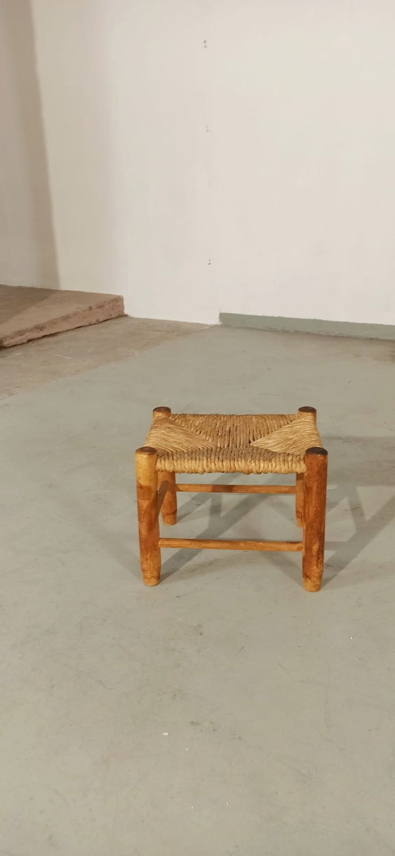 Image 1 of Vintage low stool, wood and wicker 