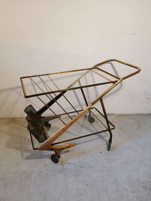 Chariot en laiton et bois, années 1950