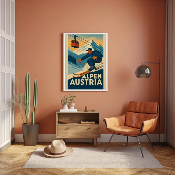 Poster sciatore Alpi austriache stile vintage, Carta, Blu (foto 5 di 6)