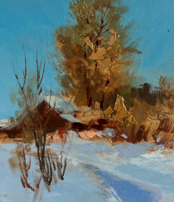 Image 1 of Original Oil Painting Winter Village Landscape Riding a horse in the snow