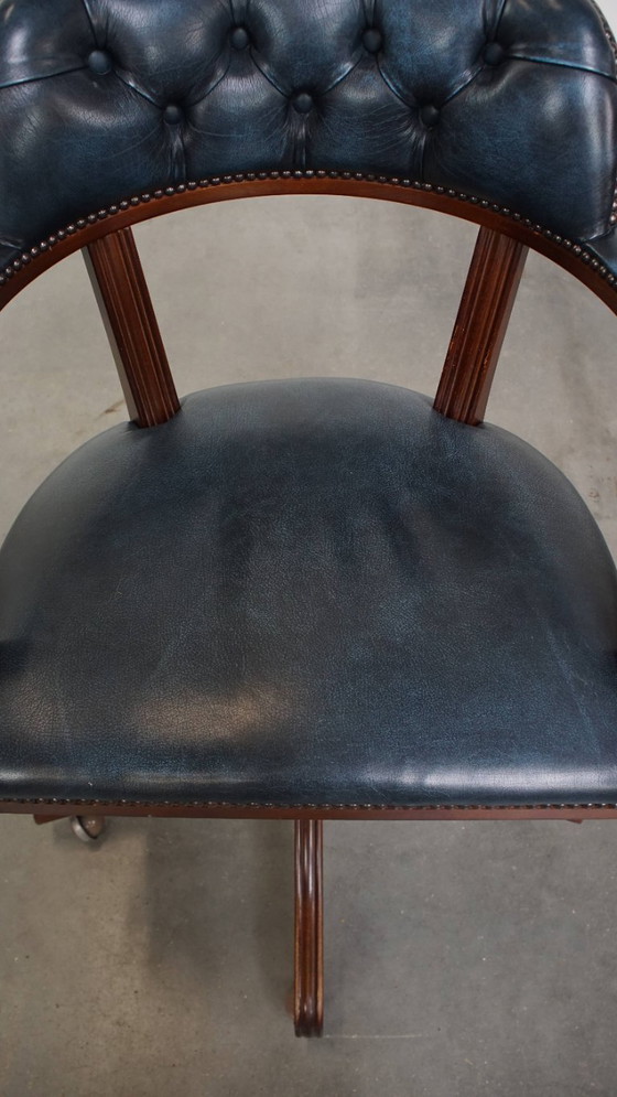 Image 1 of Blue cowhide leather and wood chesterfield office chair in English style