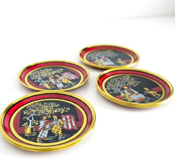 Image 1 of Vintage Set of 11 Coasters with Chinese Motif: Emperor and Geisha, 1970s
