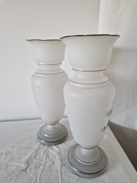 Image 1 of Paire de vases anciens - Verre satiné de Bohême / Style Bristol (vers 1900) - Couple peint à la main (pendentif)