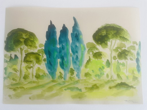Watercolor signed cypress and pine forest in Provence