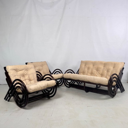 Französisches Rattan-Wohnzimmerset, 1970er