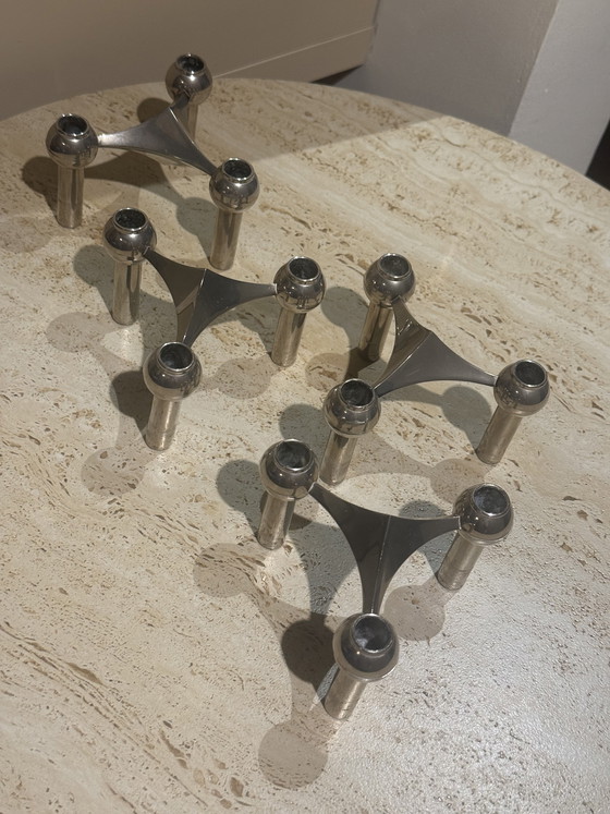 Image 1 of Titre : Ensemble de 9 Bougeoirs Modulaires Nagel/BMF - Chrome Vintage 1960
