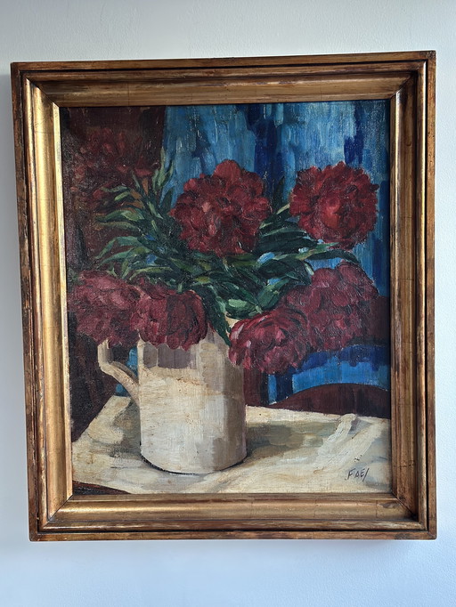 Vintage Oil Painting – Red Peonies in White Jug, Signed FAE, Expressive Floral Still Life, Belgian School Framed Artwork, 20th C