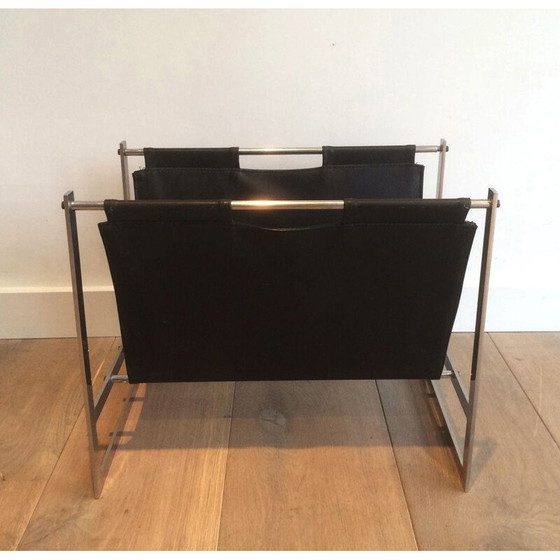 Image 1 of Vintage brushed steel and leather magazine rack, 1970