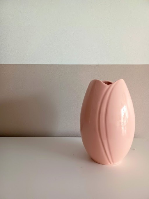 Vase en forme de tulipe rose saumoné - 1980 Art Deco Revival