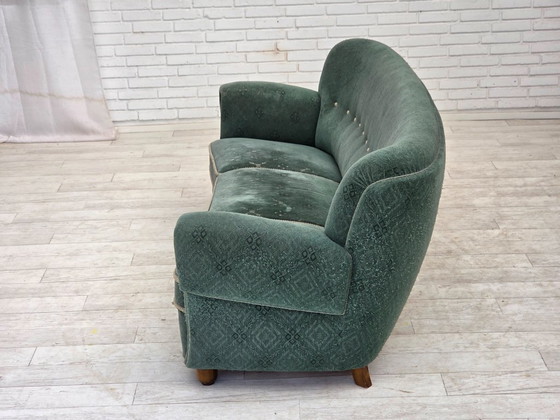 Image 1 of 1960s, Danish 3-seater curved sofa, light green furniture fabric, original condition.