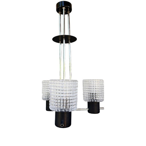 Elektroinstala Jílové Pendelleuchte, Tschechoslowakei, 1970er Jahre, geprägtes Glas, Modernismus