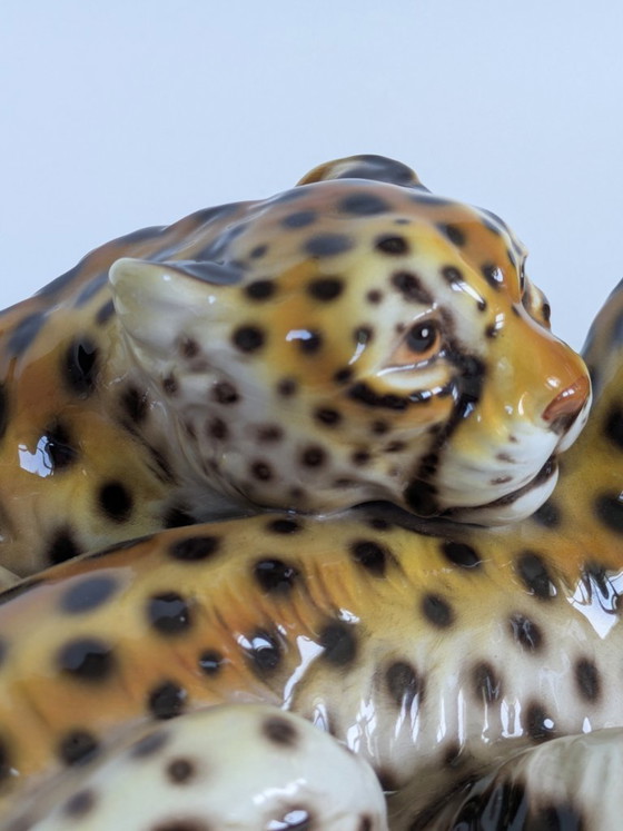 Image 1 of Large Italian Midcentury Porcelain Leopard Pair Sculpture Hollywood Regency Ronzan Style