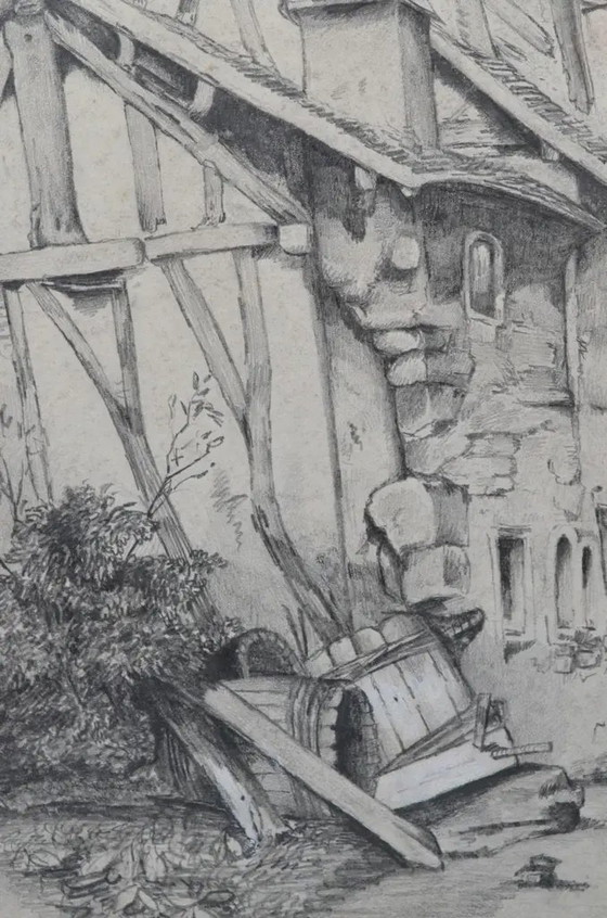 Disegno a carboncino attribuito a Jacques Moulinier (1753–1828) — Figure davanti a una casa a graticcio (photo 5 of 14)