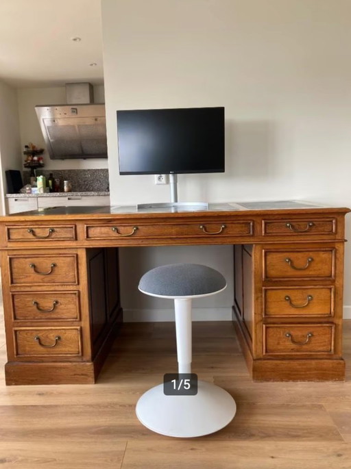 Klassieke Engelse Schrijftafel, Bureau, Partnerdesk, met Lederen Inleg