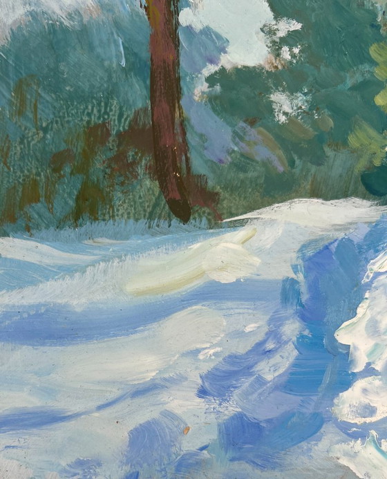 Image 1 of Peinture à l'huile originale Paysage d'arbres enneigés Silence hivernal de la forêt