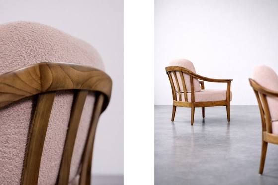 Image 1 of Vintage Mid-Century German Modern Cherry Wood & Dirty Pink Fabric Armchairs from Wilhelm Knoll, 1970s, Set of 2