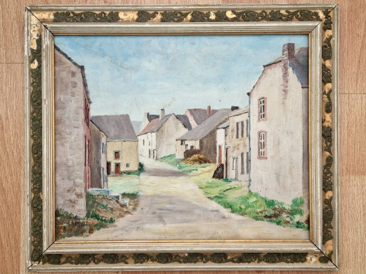 Antique oil painting, picturesque village view "Felenne" (1954) – Post-Impressionism – decoratieve objecten, Canvas, Wood