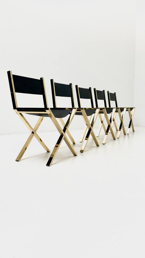 Image 1 of Set of 6 scissor chairs made of brass & calfskin, Italy, 1970s