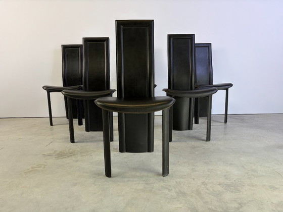 Vintage Zwart Lederen Eetkamerstoelen, Set van 6, Jaren 80 – Leather (photo 3 of 9)