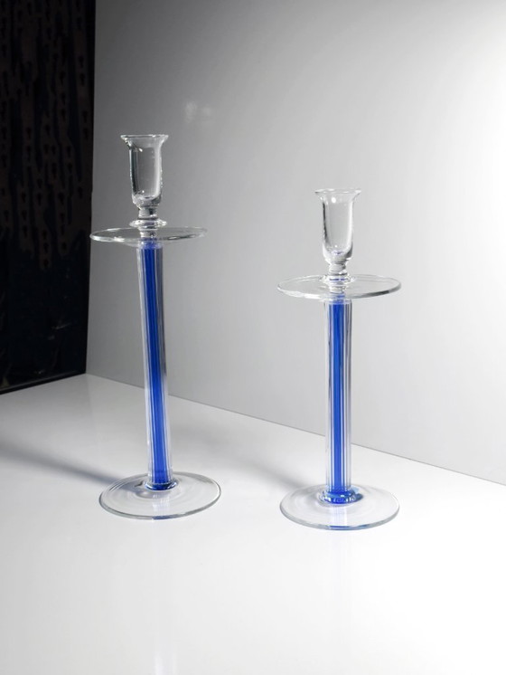 Image 1 of Glas Kerzenständer Set IVV Italien Postmodern Industria Vetraria Valdarnese Ultramarin Blau 80er 90er Memphis Milano