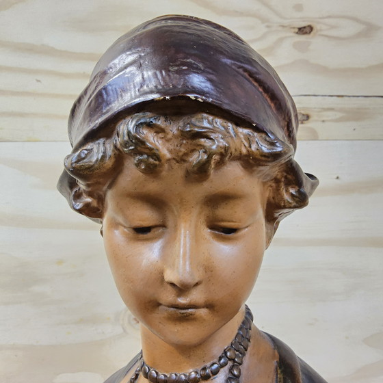 Image 1 of Antico busto di donna in gesso Art Nouveau (ca. 1900) Statua romantica francese/belga