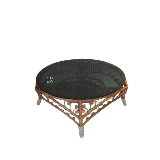 Großer Peacock - French Riviera Couchtisch aus Rattan, Bambus und Glas, Vintage, Siebziger