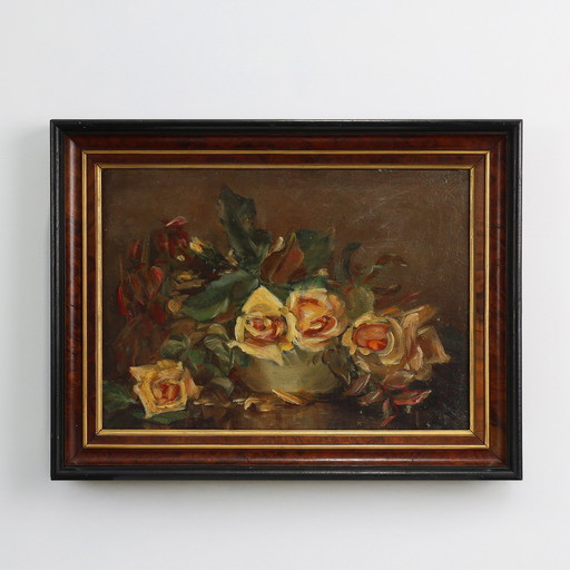 Vintage still life painting of a vase with flowers, France ca. 1940 
