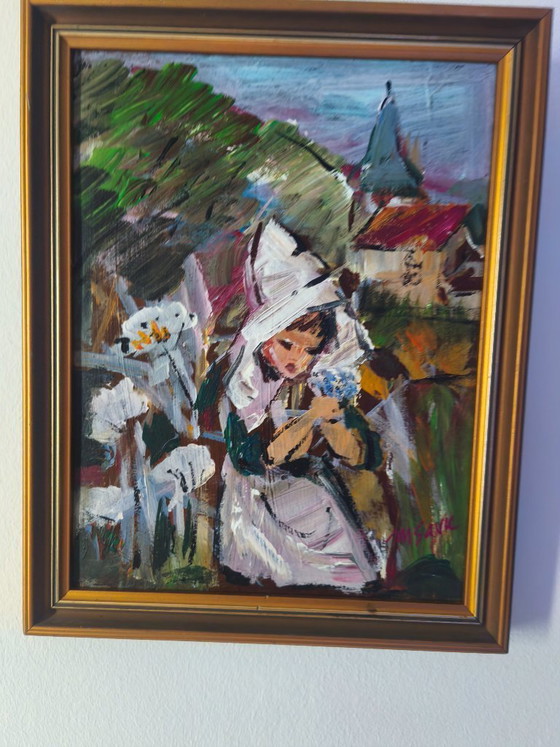 Image 1 of Original Signed Oil Painting – Village Church & Girl – Framed Vintage Artwork